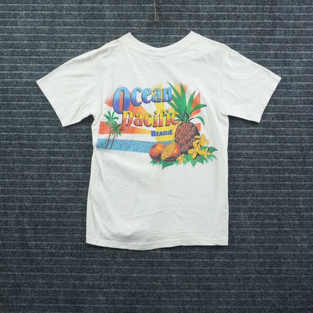 Ocean Pacific T-Shirt Med White Vintage 80s Surf Tropical Graphic Single Stitch